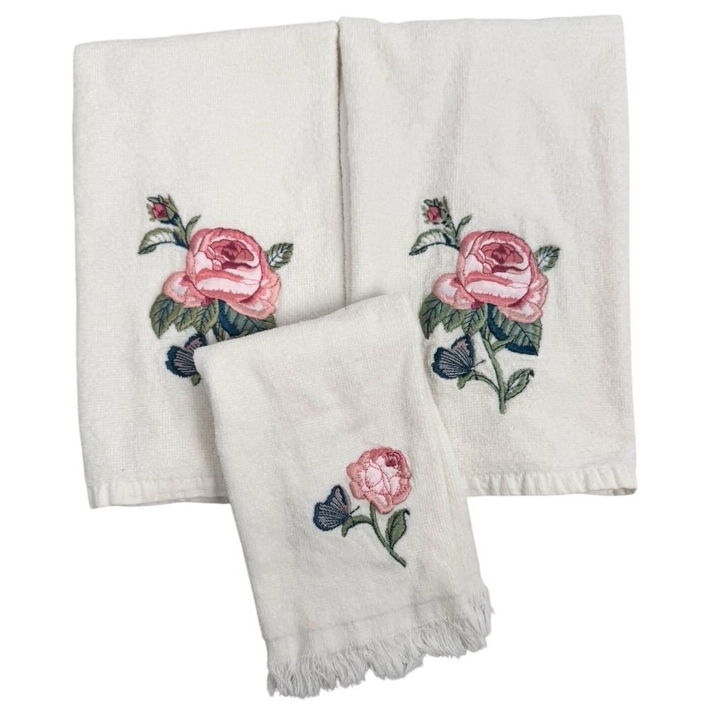 VTG Embroidered Rose Bath Hand Guest Towel Set (3) Cambridge Saturday Knight Ltd